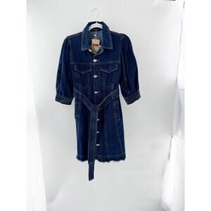 Beulah Puff Sleeve Button Front Belted Denim Midi Dress Medium Blue Womens Small